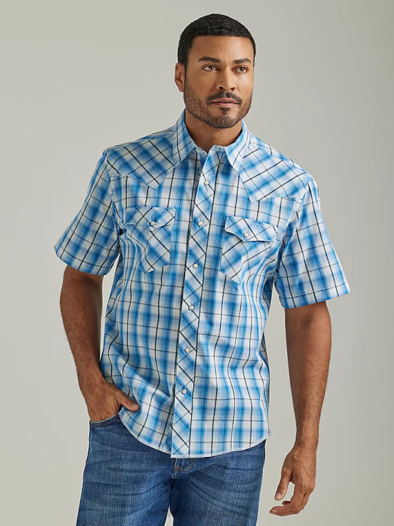 horizontes azules Wrangler hombres Camisa a cuadros con broche occidental de manga corta a presión a la moda ropa F8J4V460