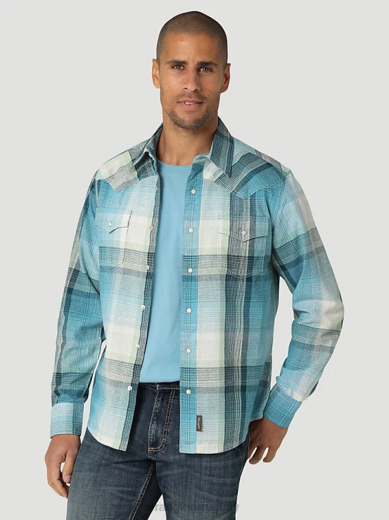 luz azul Wrangler hombres camisa a cuadros retro premium de manga larga con broche occidental ropa F8J4V478