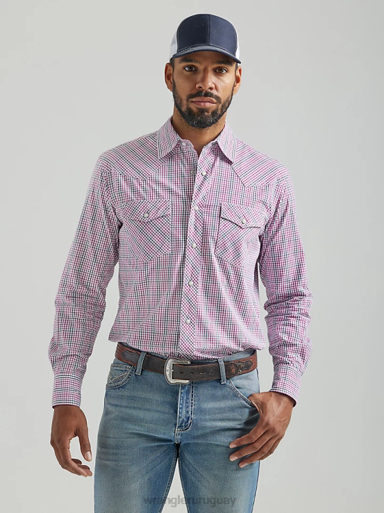 mini rosa Wrangler hombres Camisa a cuadros con botones a presión estilo occidental, manga larga, dos bolsillos, comodidad avanzada, 20x Competition ropa F8J4V492
