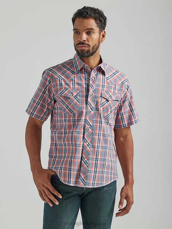 naranja Wrangler hombres Camisa a cuadros con broche occidental de manga corta a presión a la moda ropa F8J4V458