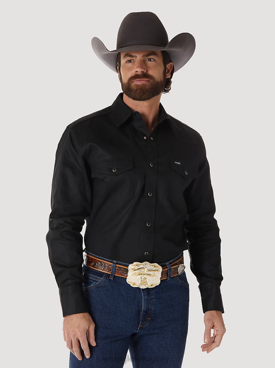 negro Wrangler hombres camisa de trabajo sólida con broche occidental de manga larga y acabado firme con corte vaquero ropa F8J4V425
