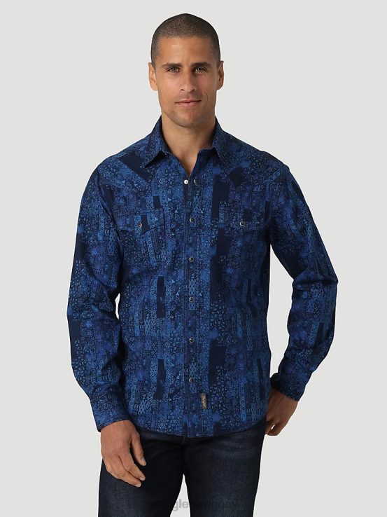 pañuelo azul Wrangler hombres camisa retro premium de manga larga con estampado de botones ropa F8J4V427