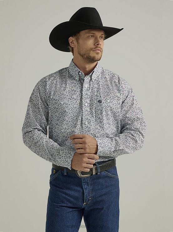 pergamino índigo Wrangler hombres Camisa con estampado de botones y dos bolsillos de manga larga George Strait ropa F8J4V369