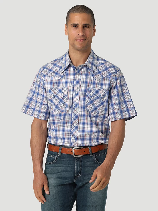picnic azul marino Wrangler hombres camisa retro a cuadros de bolsillo con solapa de diente de sierra y broche occidental de manga corta ropa F8J4V431