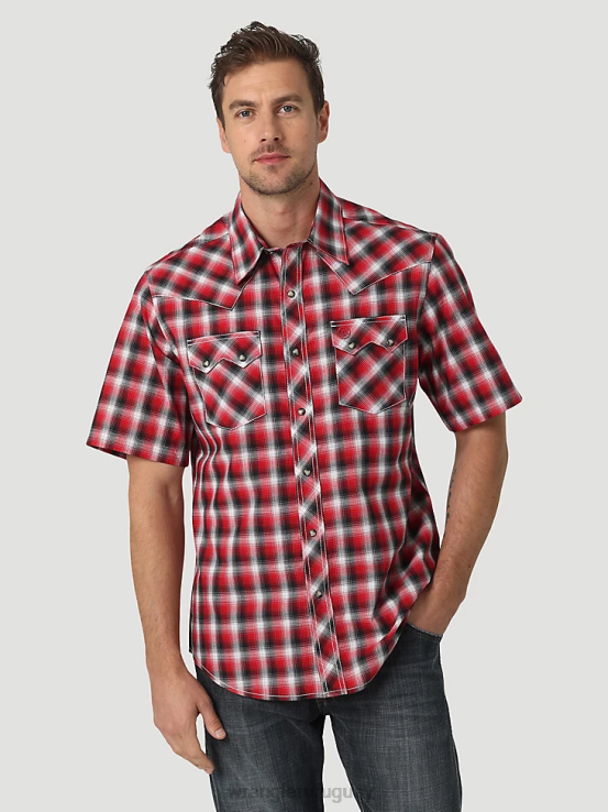 picnic rojo Wrangler hombres camisa retro a cuadros de bolsillo con solapa de diente de sierra y broche occidental de manga corta ropa F8J4V429
