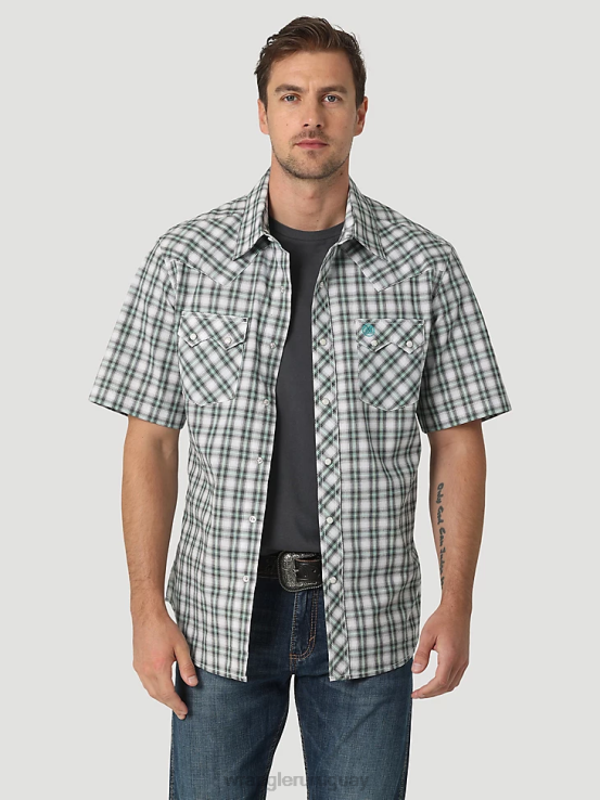 picnic verde Wrangler hombres camisa retro a cuadros de bolsillo con solapa de diente de sierra y broche occidental de manga corta ropa F8J4V430