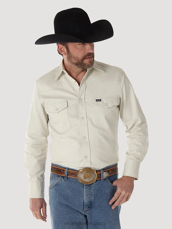 piedra Wrangler hombres camisa de trabajo sólida con broche occidental de manga larga y acabado firme con corte vaquero ropa F8J4V418