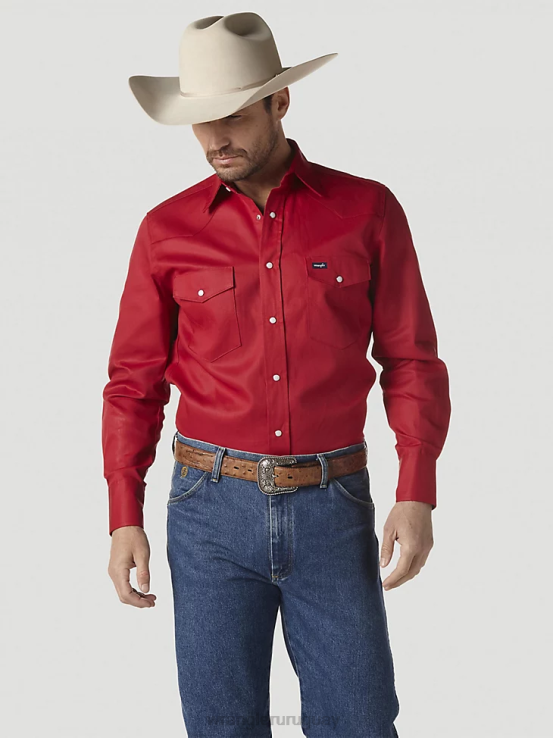 rojo Wrangler hombres camisa de trabajo sólida con broche occidental de manga larga y acabado firme con corte vaquero ropa F8J4V422