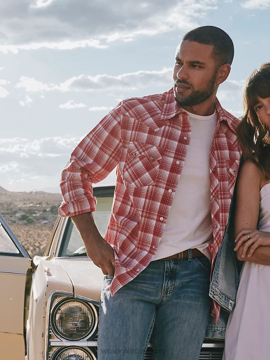 rojo negrita Wrangler hombres camisa occidental retro de manga larga con bolsillo a presión y dientes de sierra ropa F8J4V691