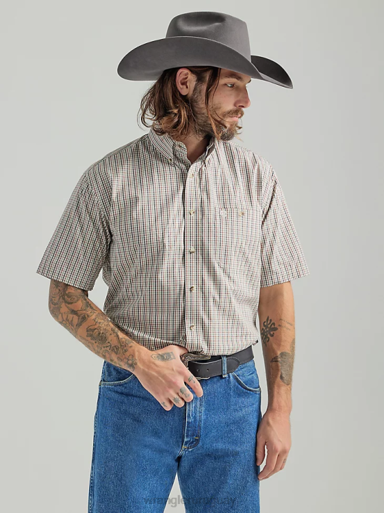 rojo oliva Wrangler hombres Camisa a cuadros con botones y 1 bolsillo de manga corta George Strait ropa F8J4V306