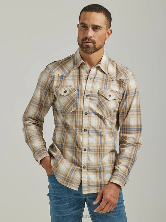 tela asargada Wrangler hombres camisa a cuadros con lavado vaquero ropa F8J4V410