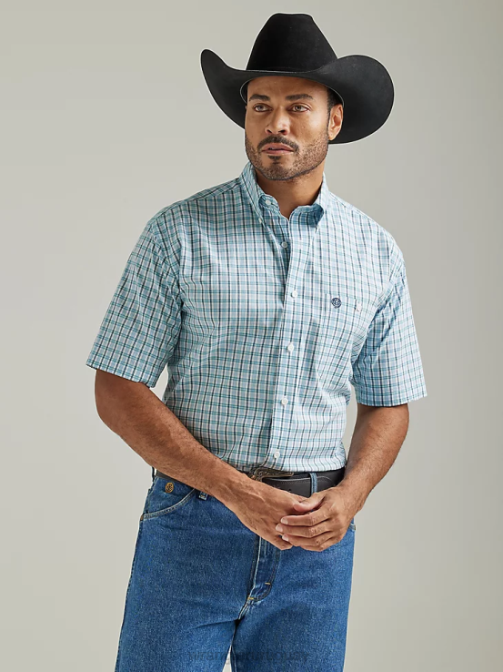 verdadera tela escocesa aguamarina Wrangler hombres Camisa a cuadros con botones y 1 bolsillo de manga corta George Strait ropa F8J4V309