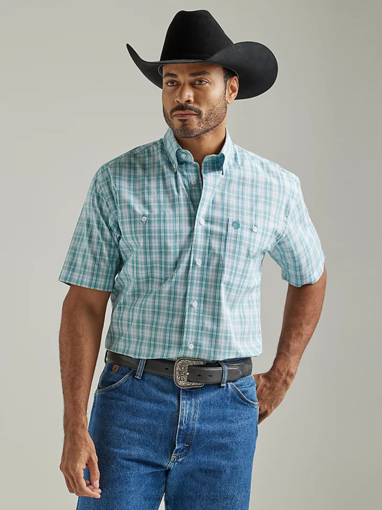 verdadera tela escocesa aguamarina Wrangler hombres camisa a cuadros con botones y 2 bolsillos de manga corta george strait ropa F8J4V335