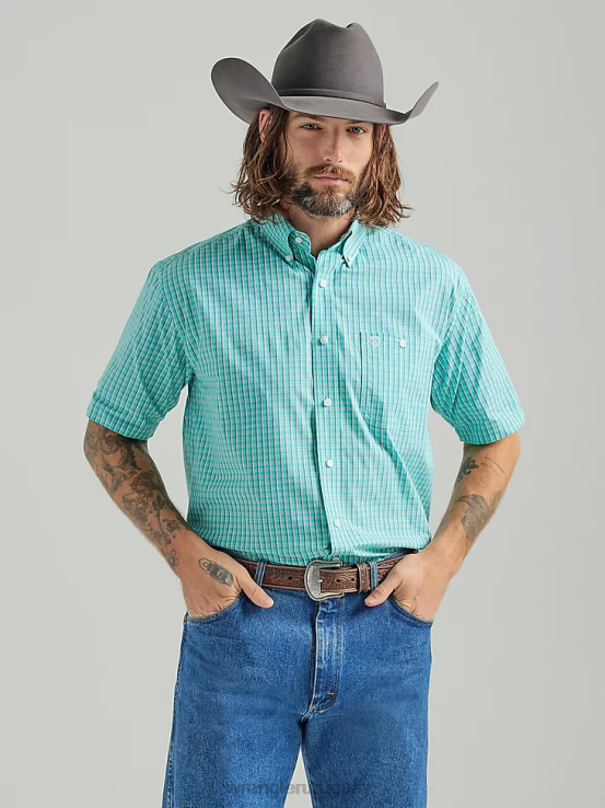 verde azulado Wrangler hombres Camisa a cuadros con botones y 1 bolsillo de manga corta George Strait ropa F8J4V307
