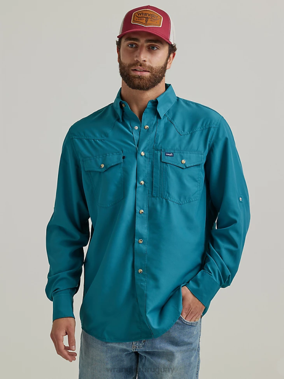 verde azulado profundo Wrangler hombres Camisa lisa de manga larga con broche de rendimiento ropa F8J4V433