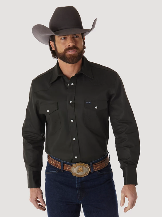verde bosque negro Wrangler hombres camisa de trabajo sólida con broche occidental de manga larga y acabado firme con corte vaquero ropa F8J4V424
