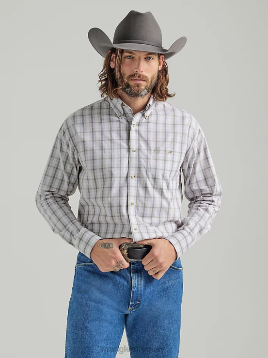 verde oliva Wrangler hombres Camisa a cuadros de manga larga con botones y un bolsillo de George Strait ropa F8J4V317