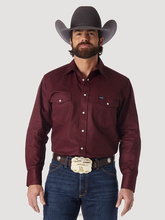 óxido rojo Wrangler hombres camisa de trabajo sólida con broche occidental de manga larga y acabado firme con corte vaquero ropa F8J4V423