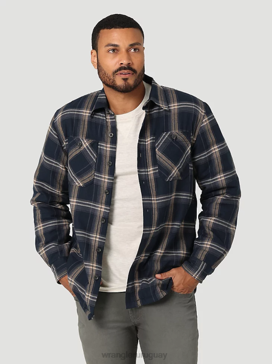 sombrío azul Wrangler hombres Chaqueta camisera gruesa con forro de sherpa a cuadros ropa F8J4V388