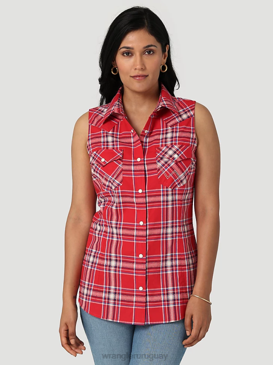 pop rojo Wrangler mujer top retro sin mangas a cuadros con broche occidental ropa F8J4V896