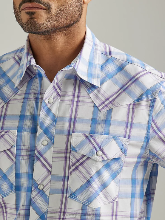 iris morado Wrangler hombres Camisa a cuadros de dos bolsillos con broche occidental de manga corta y comodidad avanzada de competición 20x ropa F8J4V454