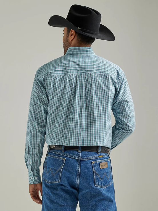 jirones de mar agua Wrangler hombres Camisa a cuadros de manga larga con botones y un bolsillo de George Strait ropa F8J4V319