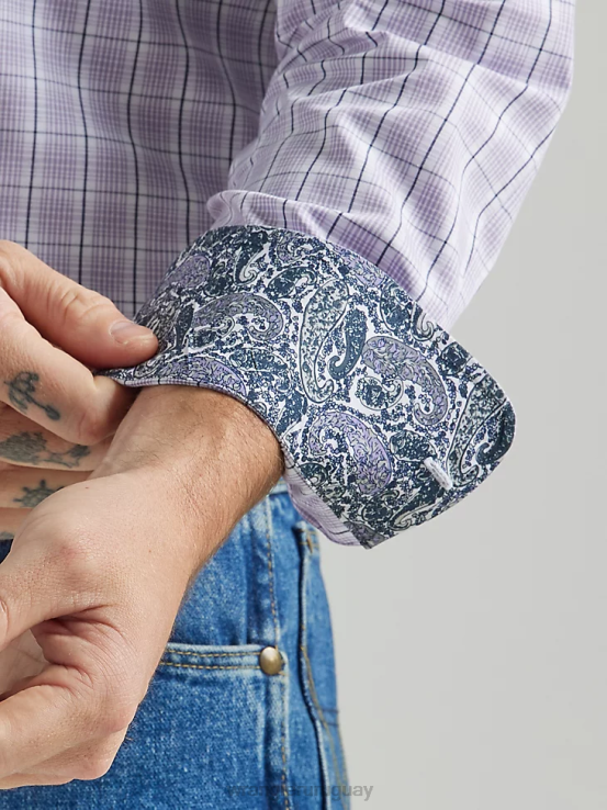 lila Wrangler hombres camisa a cuadros de manga larga con botones y dos bolsillos george strait ropa F8J4V324