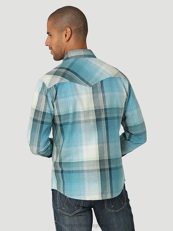 luz azul Wrangler hombres camisa a cuadros retro premium de manga larga con broche occidental ropa F8J4V478