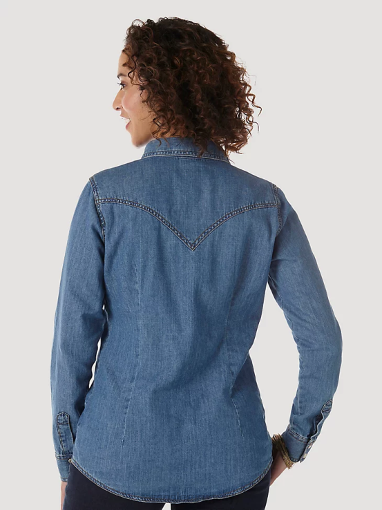 mezclilla media Wrangler mujer camisa vaquera de manga larga con broche estilo western ropa F8J4V880