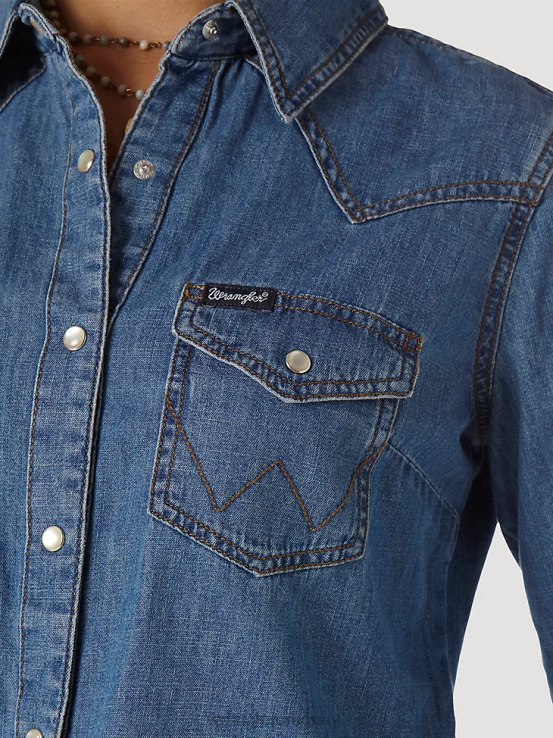 mezclilla media Wrangler mujer camisa vaquera de manga larga con broche estilo western ropa F8J4V880
