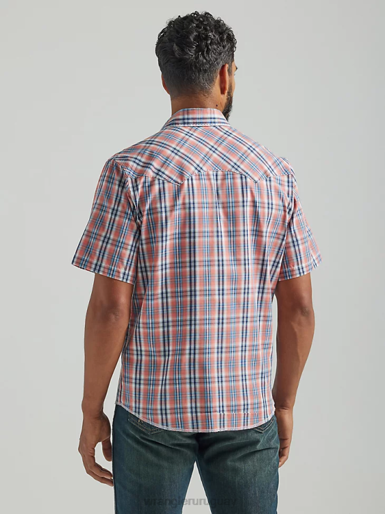 naranja Wrangler hombres Camisa a cuadros con broche occidental de manga corta a presión a la moda ropa F8J4V458