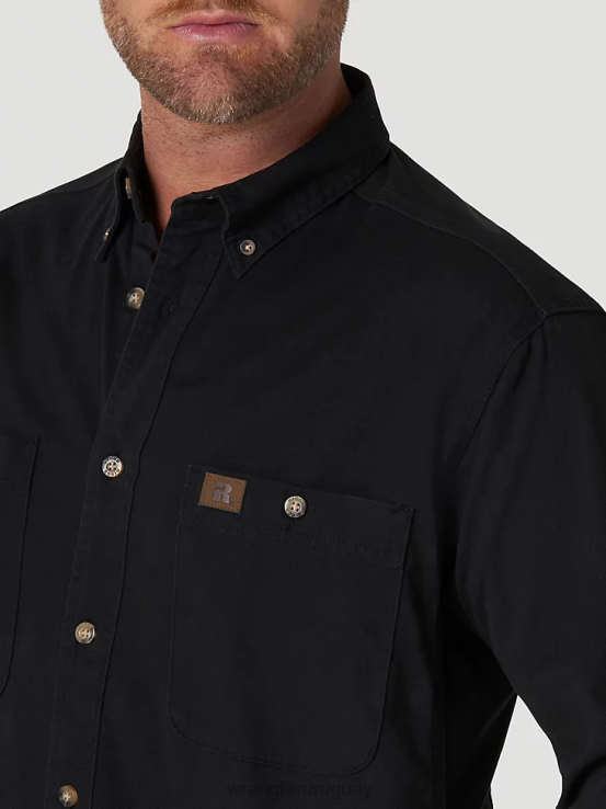 negro Wrangler hombres Riggs Workwear camisa de trabajo de sarga sólida con botones y manga larga ropa F8J4V353
