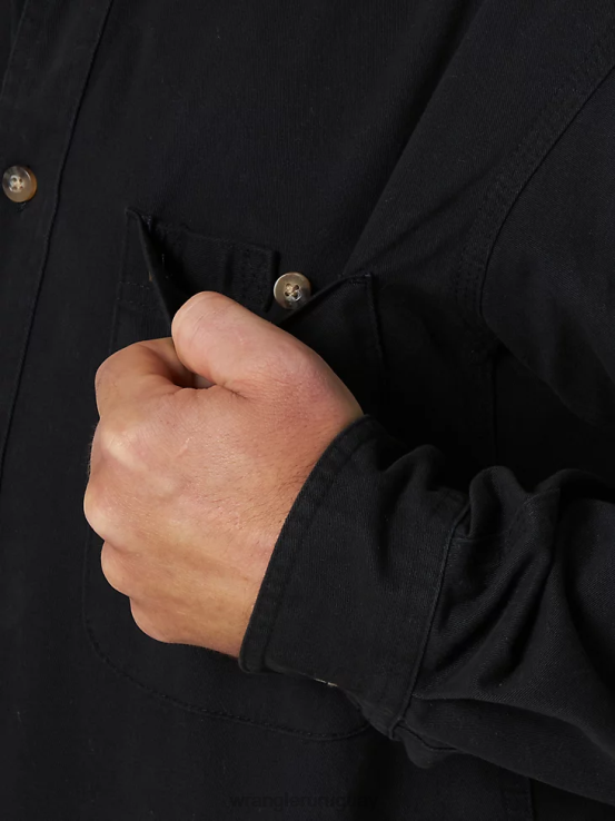 negro Wrangler hombres Riggs Workwear camisa de trabajo de sarga sólida con botones y manga larga ropa F8J4V353