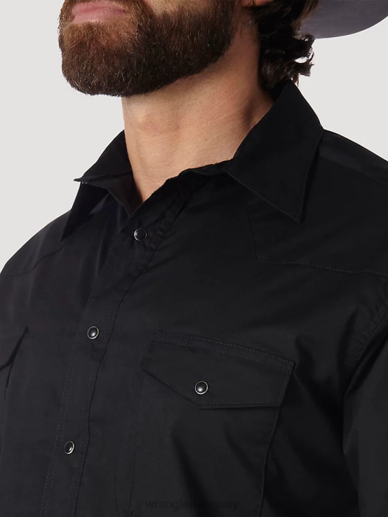 negro Wrangler hombres camisa con broche occidental - tela ancha sólida de manga larga ropa F8J4V450