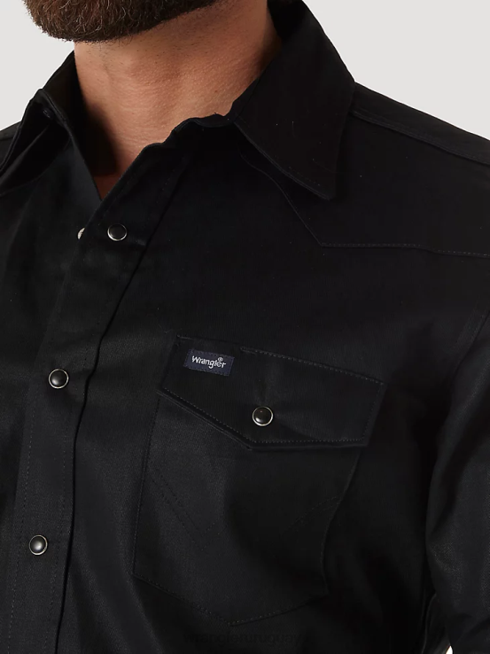 negro Wrangler hombres camisa de trabajo sólida con broche occidental de manga larga y acabado firme con corte vaquero ropa F8J4V425