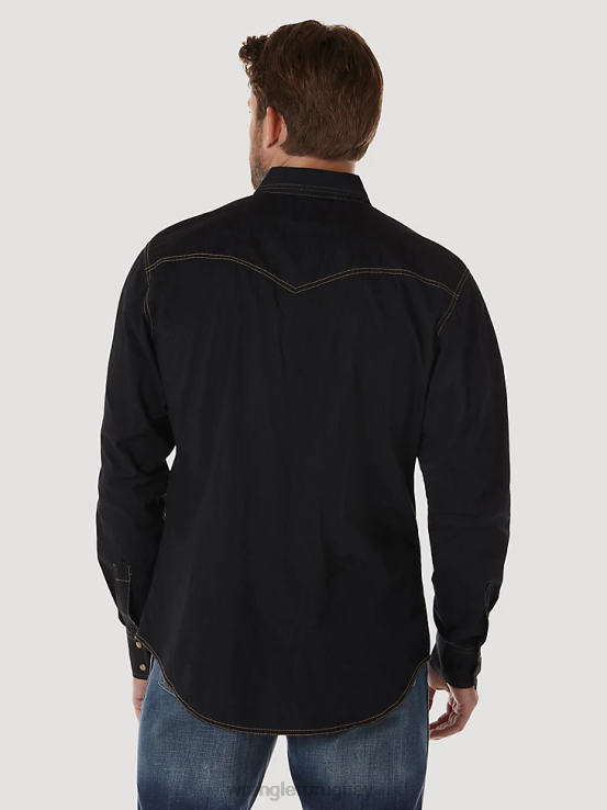 negro Wrangler hombres camisa dobby sólida estilo retro de manga larga con broche occidental ropa F8J4V471