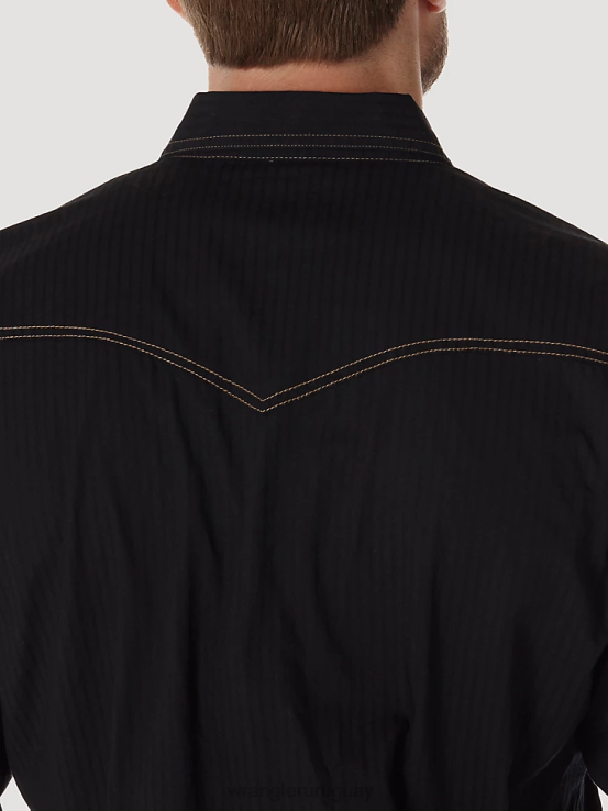 negro Wrangler hombres camisa dobby sólida estilo retro de manga larga con broche occidental ropa F8J4V471