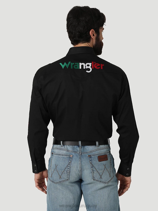 negro Wrangler hombres camisa lisa de manga larga con botones y logo ropa F8J4V396