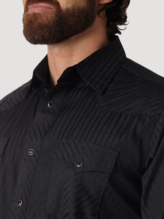 negro Wrangler hombres camisa occidental de manga larga con rayas dobby y botones a presión ropa F8J4V465