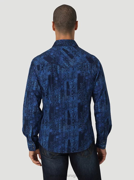 pañuelo azul Wrangler hombres camisa retro premium de manga larga con estampado de botones ropa F8J4V427