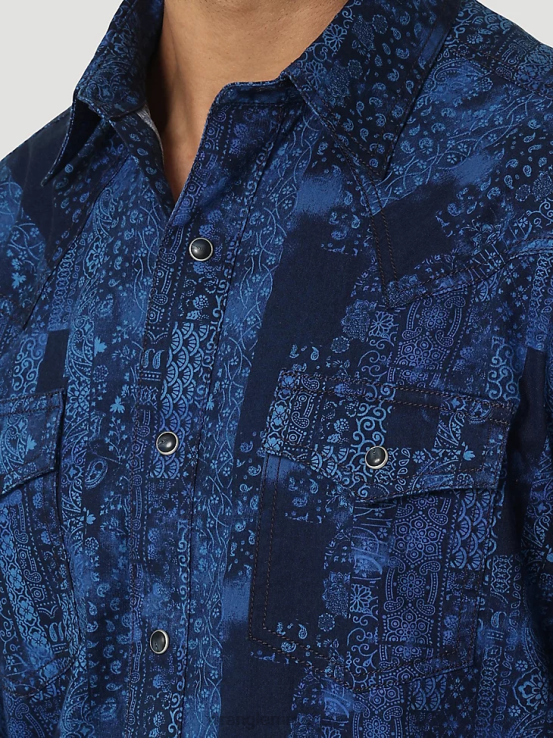 pañuelo azul Wrangler hombres camisa retro premium de manga larga con estampado de botones ropa F8J4V427