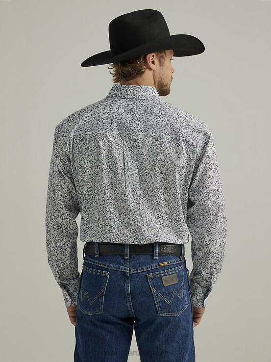 pergamino índigo Wrangler hombres Camisa con estampado de botones y dos bolsillos de manga larga George Strait ropa F8J4V369