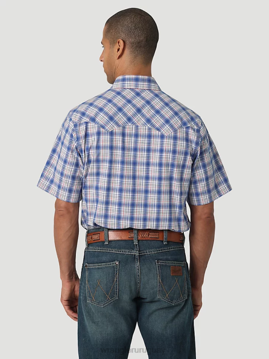 picnic azul marino Wrangler hombres camisa retro a cuadros de bolsillo con solapa de diente de sierra y broche occidental de manga corta ropa F8J4V431