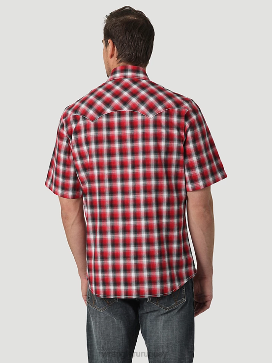 picnic rojo Wrangler hombres camisa retro a cuadros de bolsillo con solapa de diente de sierra y broche occidental de manga corta ropa F8J4V429