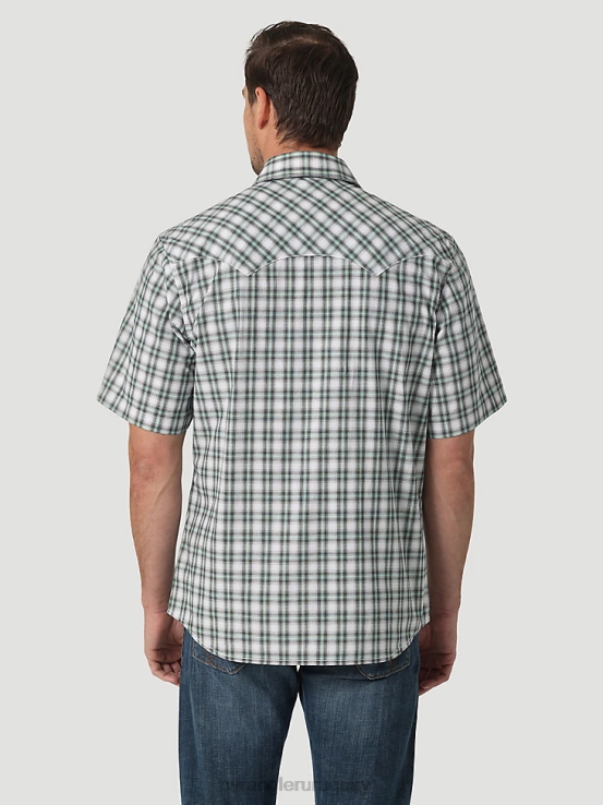 picnic verde Wrangler hombres camisa retro a cuadros de bolsillo con solapa de diente de sierra y broche occidental de manga corta ropa F8J4V430