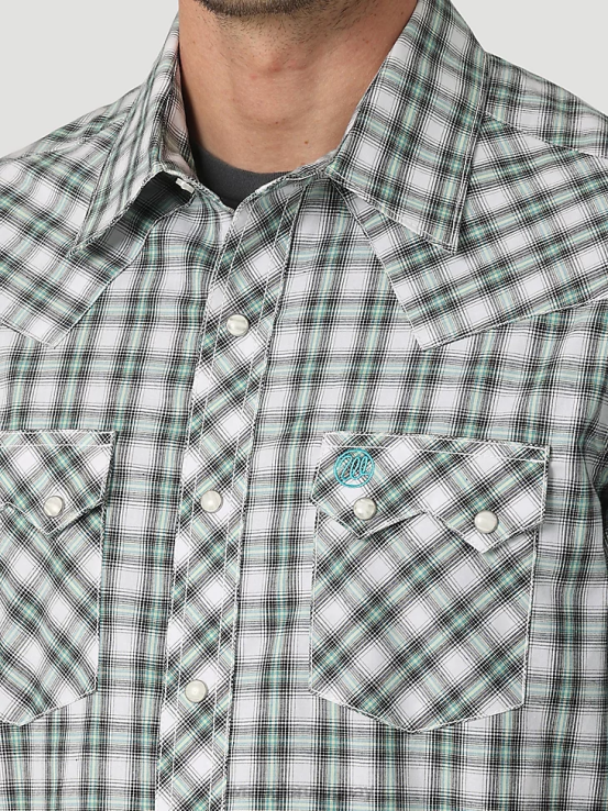 picnic verde Wrangler hombres camisa retro a cuadros de bolsillo con solapa de diente de sierra y broche occidental de manga corta ropa F8J4V430