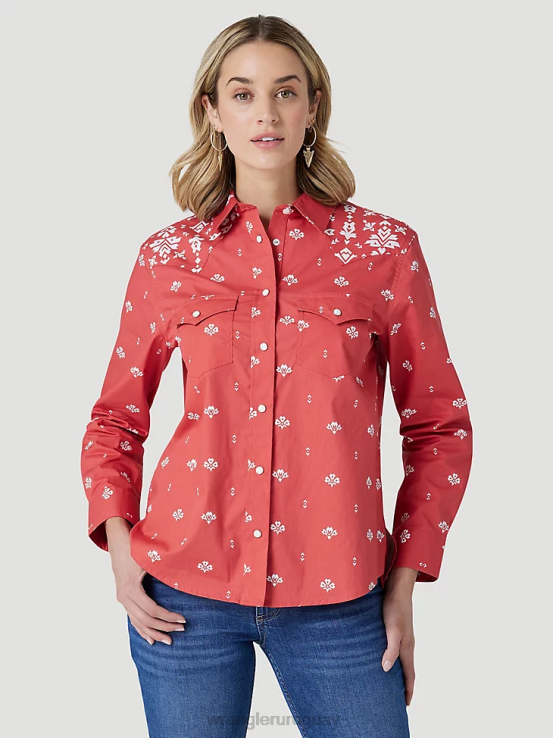 rojo Wrangler mujer camisa retro americana bandana western snap ropa F8J4V882