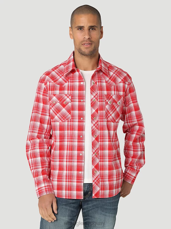 rojo negrita Wrangler hombres camisa occidental retro de manga larga con bolsillo a presión y dientes de sierra ropa F8J4V691