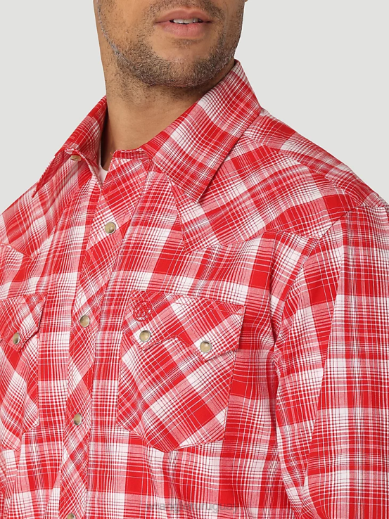 rojo negrita Wrangler hombres camisa occidental retro de manga larga con bolsillo a presión y dientes de sierra ropa F8J4V691