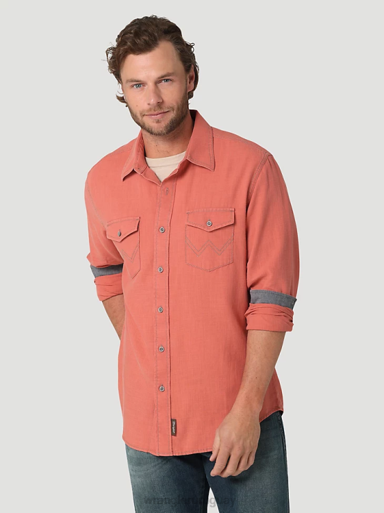 rojo salmón Wrangler hombres camisa retro premium de manga larga con botones y color liso ropa F8J4V303